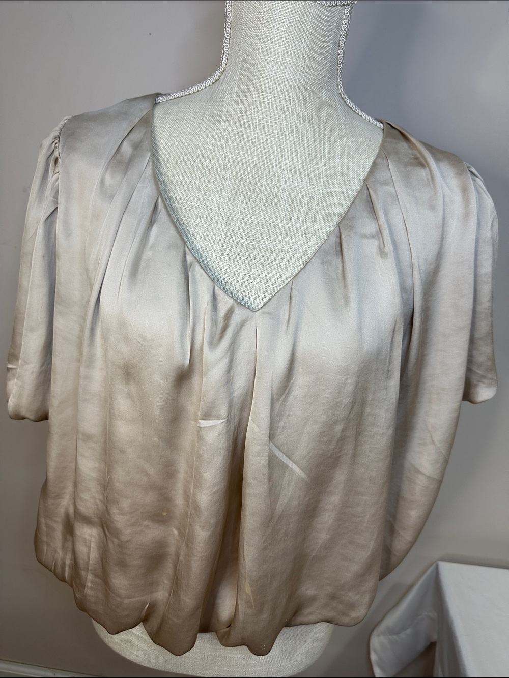 Astr Cream Satin V-Neck Blouse with Pleated Shoulders